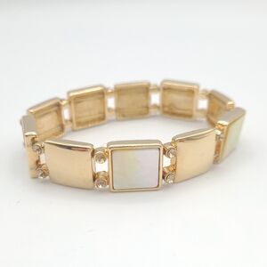Gold Tone Mother of Pearl Stretch Bracelet Geometric Square Links